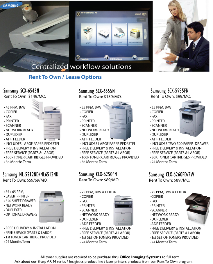 Rent 2 Own copiers, MFP,and laser printers